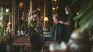 Barber Club Phuket Luxury Men's Grooming & Mobile Barber Services in Bang Tao, Phuket Davidv. 56221 A Man Works On Labtop And Gets A Haiecut From Tha 6724cc6b Ef35 4a98 Be27 710e30a65cd8